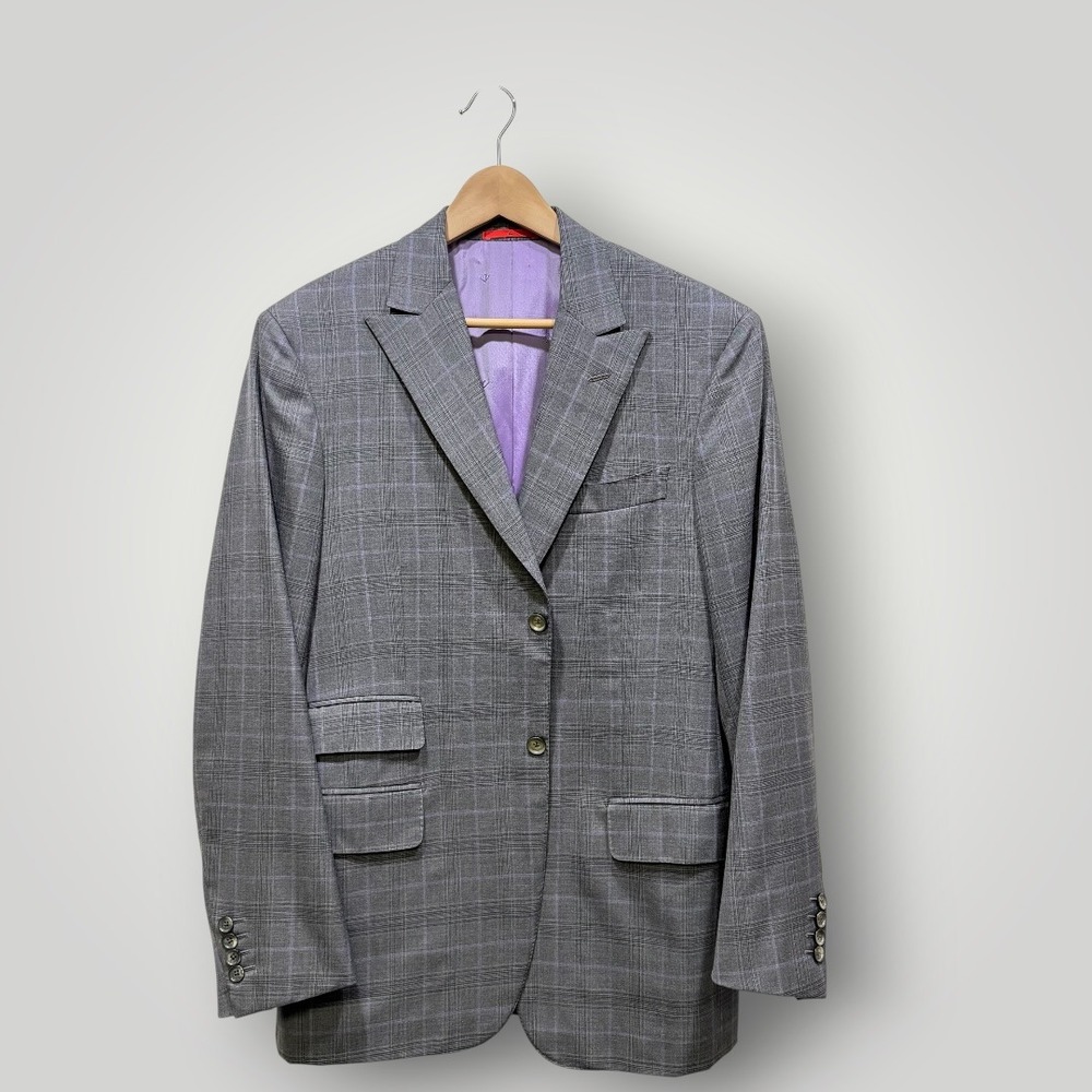 Isaia Napoli Grey Purple Plaid Super 150s Wool Blazer Sport Coat Italy IT52 42US